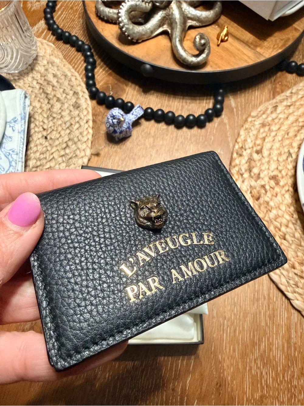 Gucci Tiger Card Holder with Gold 'L'Aveugle Par Amour' Emblem